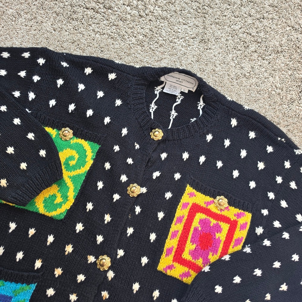 VINTAGE Adrienne Vittadini Sport Cardigan Womens L Ramie Cotton Patchwork Art
